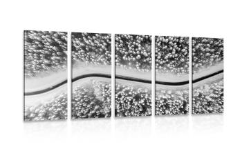 5-częściowy obraz widok na zimowy krajobraz w wersji czarno-białej - 100x50