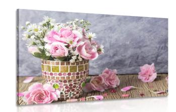 Obraz kwiaty goździka w doniczce mozaikowej - 90x60