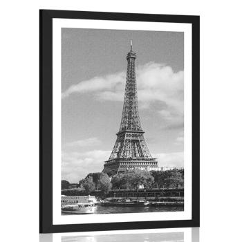 Plakat z passe-partout piękna panorama Paryża w czerni i bieli - 30x45 black