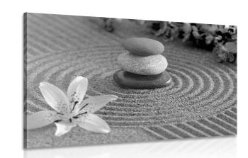Obraz ogród zen i kamienie w piasku w wersji czarno-białej - 90x60