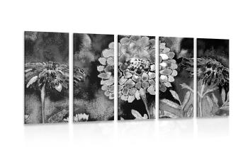 5-częściowy obraz cudowne kwiaty w czarnobiałym kolorze - 100x50