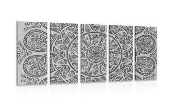 5-częściowy obraz Mandala z abstrakcyjnym naturalnym wzorem w wersji czarno-białej - 100x50