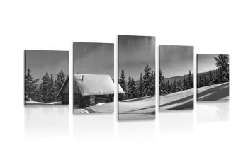 5-częściowy obraz baśniowy zimowy krajobraz w wersji czarno-białej - 100x50