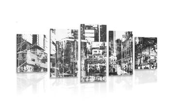 5-częściowy obraz abstrakcyjny pejzaż miejski w czarnobiałym kolorze - 200x100