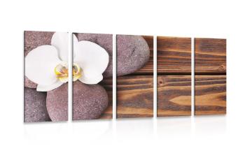 5-częściowy obraz kamienie wellness i orchidea na drewnianym tle - 200x100