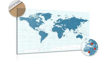 Obraz mapa polityczna świata w kolorze niebieskim na korku - 90x60  color mix