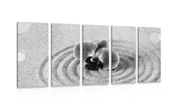 5-częściowy obraz piaszczysty ogród Zen z orchideą w wersji czarno-białej