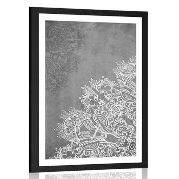 Plakat z passe-partout elementy kwiatowej mandali w czerni i bieli - 40x60 silver