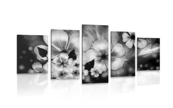 5-częściowy obraz fantazja kwiatów w wersji czarno-białej - 200x100