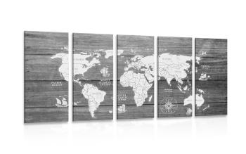 5-częściowy obraz czarno-biała mapa na drewnie - 100x50