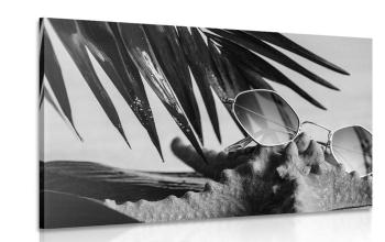 Obraz okulary przeciwsłoneczne na muszli w wersji czarno-białej