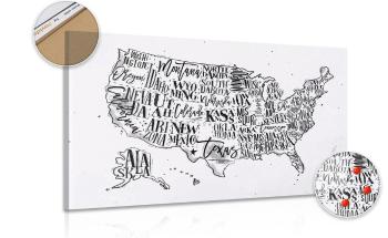 Obraz mapa edukacyjna USA z poszczególnymi stanami w formie odwróconej na korku - 90x60  peg