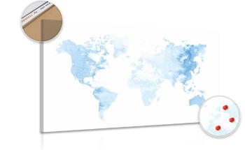 Obraz akwarelowa mapa świata w kolorze jasnoniebieskim na korku - 90x60  peg