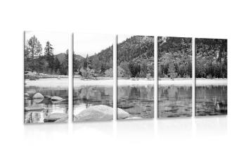 5-częściowy obraz jezioro w pięknej naturze w wersji czarno-białej - 200x100