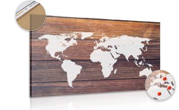 Obraz na korku mapa świata z drewnianym tłem - 90x60  flags