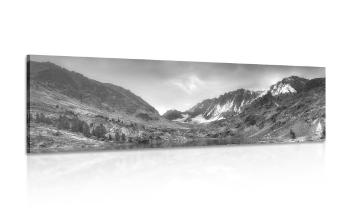 Obraz majestatyczne góry z jeziorem w wersji czarno-białej - 135x45