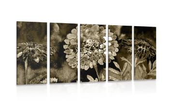 5-częściowy obraz cudowne kwiaty w kolorze sepii - 200x100