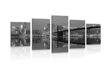 5-częściowy obraz odbicie Manhattanu w wodzie w wersji czarno-białej - 100x50