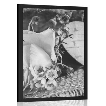 Plakat róża i serce w jucie w czerni i bieli - 40x60 silver