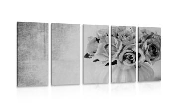 5-częściowy obraz róża w wazonie w czarnobiałym kolorze - 100x50