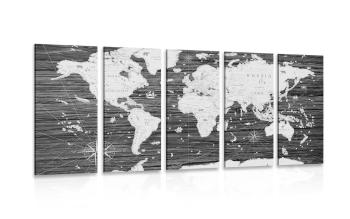 5-częściowy obraz czarno-biała mapa na drewnianym tle - 100x50