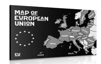 Obraz mapa edukacyjna z czarno-białymi nazwami państw Unii Europejskiej - 90x60