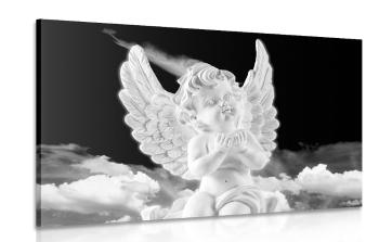 Obraz czarno-biały opiekuńczy anioł na niebie