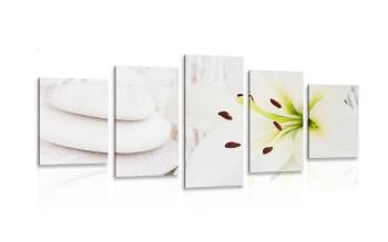 5-częściowy obraz lilie i kamienie do masażu w białym kolorze - 200x100