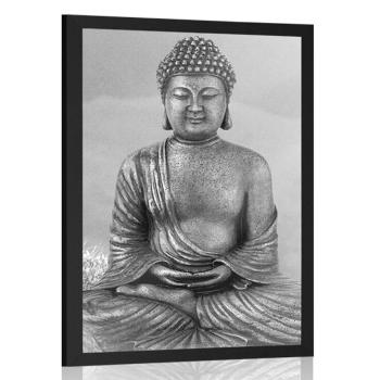 Plakat posąg Buddy w pozycji medytacyjnej w czerni i bieli
