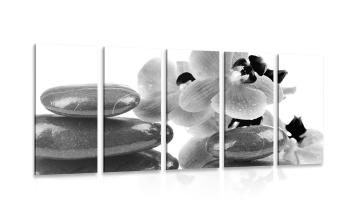 5-częściowy obraz kamienie SPA i orchidea w wersji czarno-białej - 200x100