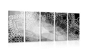5-częściowy obraz elementy mandali w wersji czarno-białej - 100x50