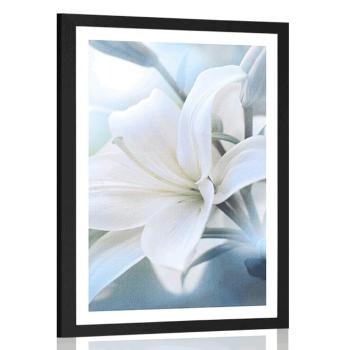 Plakat z passe-partout biały kwiat lilii na abstrakcyjnym tle - 60x90 silver