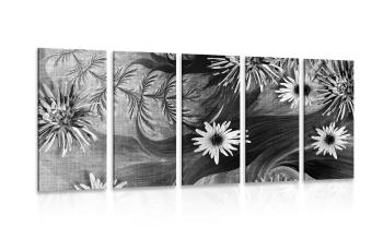 5-częściowy obraz kwiaty na czarno-białym tle - 200x100