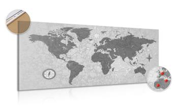 Obraz na korku mapa świata z kompasem w stylu retro w wersji czarno-białej