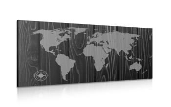 Obraz czarno-biała mapa z kompasem na drewnie - 100x50