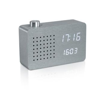 Szary budzik z białym wyświetlaczem LED i radiem Gingko Radio Click Clock