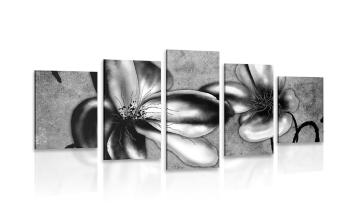 5-częściowy obraz ciekawe kwiaty vintage w wersji czarno-białej - 100x50