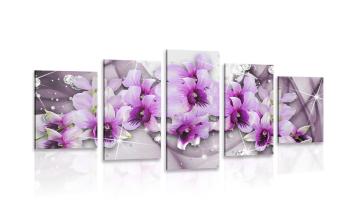 5-częściowy obraz fioletowe kwiaty na abstrakcyjnym tle - 200x100