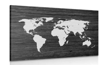 Obraz mapa świata na drewnie w wersji czarno-białej