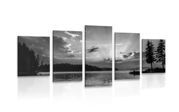 5-częściowy obraz odbicie górskiego jeziora w wersji czarno-białej - 200x100