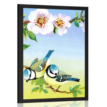 Plakat sikorki i kwitnące kwiaty - 40x60 white