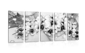 5-częściowy obraz czarno-białe kwiaty na abstrakcyjnym tle