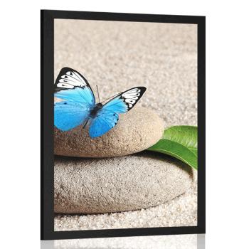 Plakat niebieski motyl na kamieniu Zen