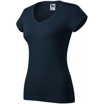 T-shirt damski slim fit z dekoltem w szpic, ciemny niebieski, XL