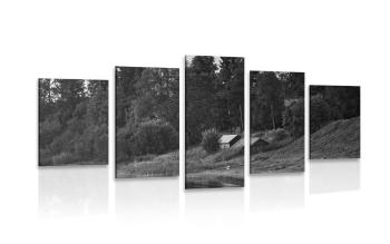 5-częściowy obraz domki z bajki nad rzeką w wersji czarno-białej - 200x100