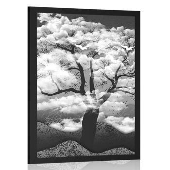 Plakat czarno-białe drzewo pokryte chmurami - 20x30 silver
