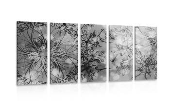 5-częściowy obraz Mandala kwiatowa w wersji czarno-białej - 100x50