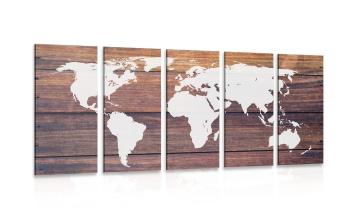 5-częściowy obraz mapa świata z drewnianym tłem