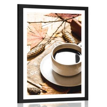Plakat z passe-partout filiżanka kawy w jesiennym akcencie - 30x45 black