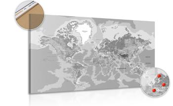Obraz na korku klasyczna mapa świata w wersji czarno-białej - 90x60  transparent